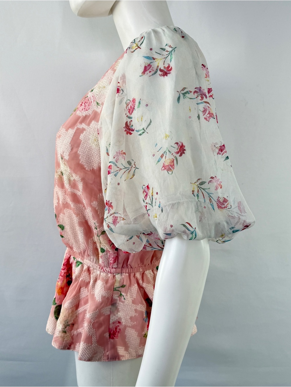 Hemant & Nandita Pink Rose Garden Floral Peplum Blouse Size S Coquette Romantic - Picture 4 of 8